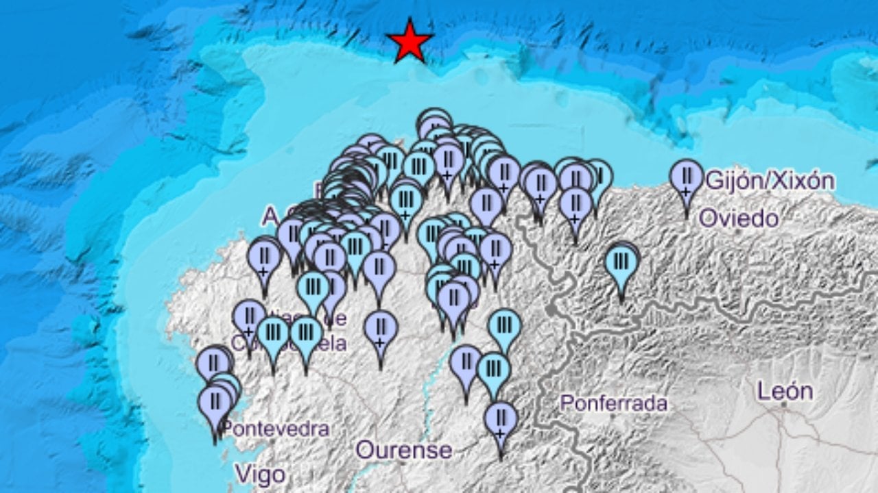 Mapa del IGN en el que se pueden ver las localidades en las que se ha notado el terremoto del Cantábrico