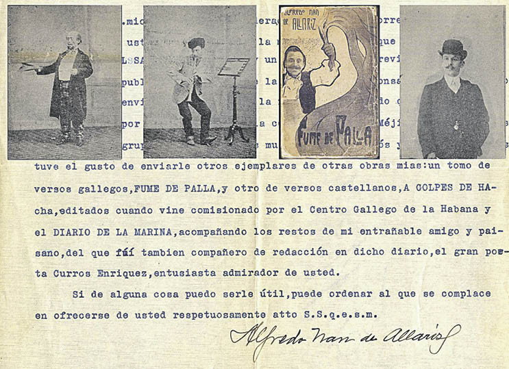 Nan de Allariz en tres poses, a portada do poemario prohibido, “Fume de palla” e carta de 1920 a Unamuno.