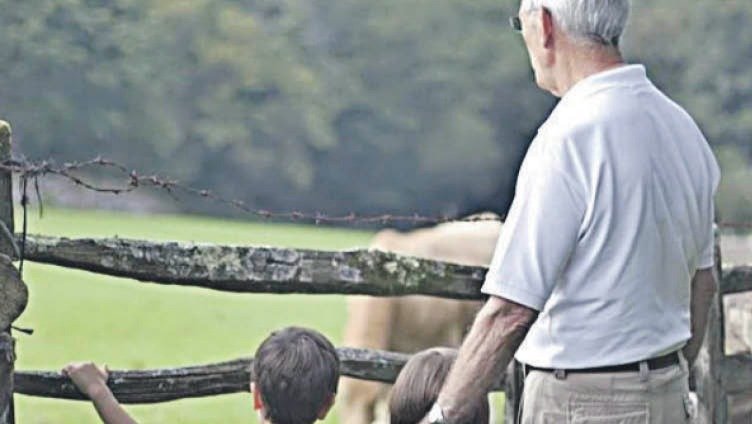 Un hombre mayor pasea en el campo con sus pequeños nietos.