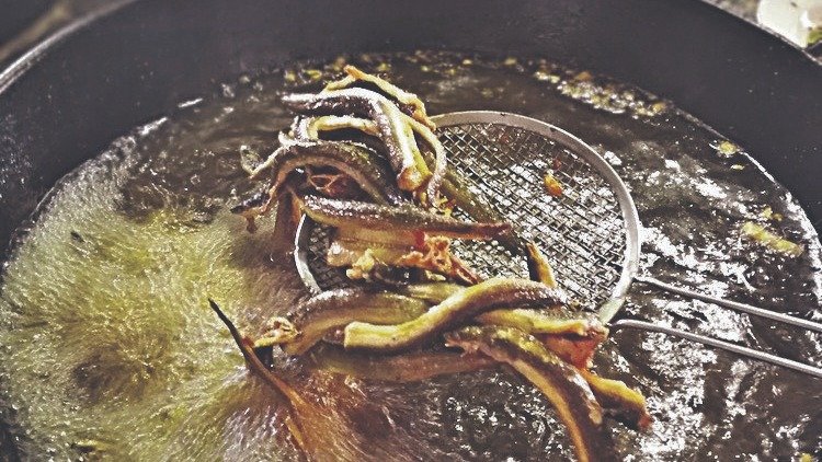 Anguilas friéndose en una sartén, en una fiesta anterior.