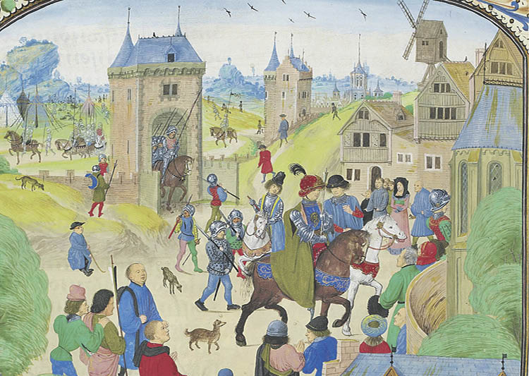El duque de Lancaster entra en Ourense tras su toma en 1386 (ilustración medieval). Biblioteca Nacional de Francia.