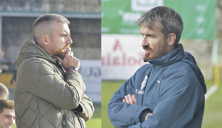 Javi Rey, entrenador del Arenteiro (i) y Rubén Domínguez, preparador del Ourense CF (d).