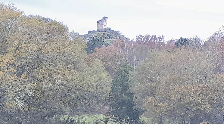 Entre un mar de carballos y abedules emerge, ampliamente visible, la torre del castelo de Sande.