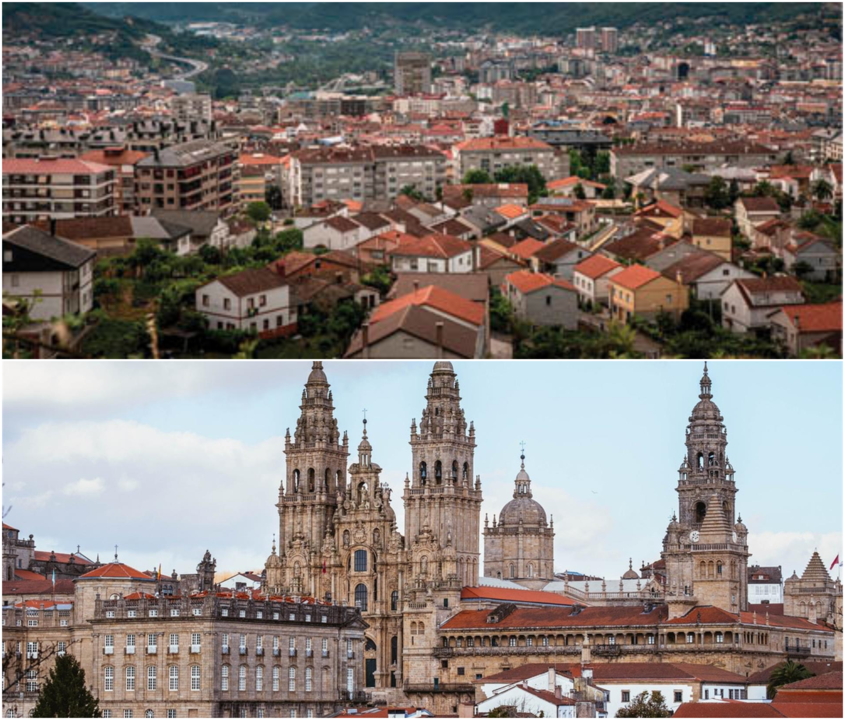 Panorámica de Ourense (arriba) y Santiago de Compostela (abajo)