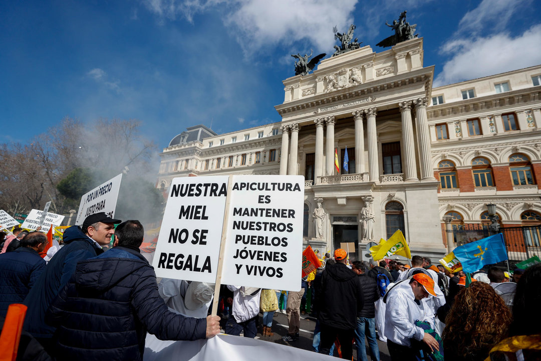 Apicultores concentrados en Madrid. Foto: EFE.