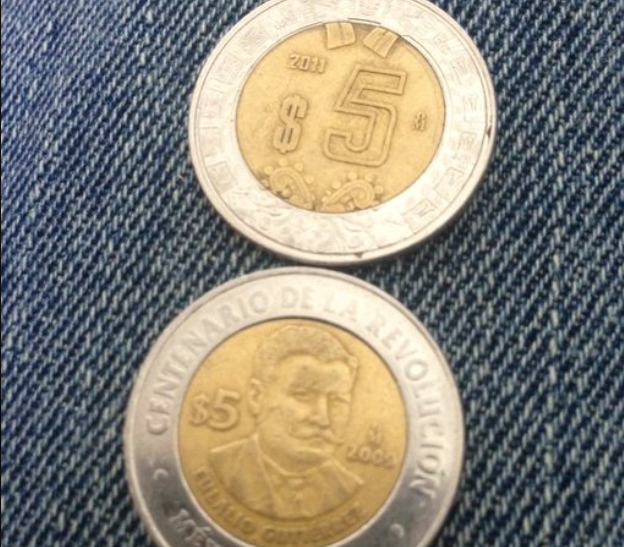 Moneda de cinco pesos mexicanos, por ambos lados. GUARDIA CIVIL, TWITTER