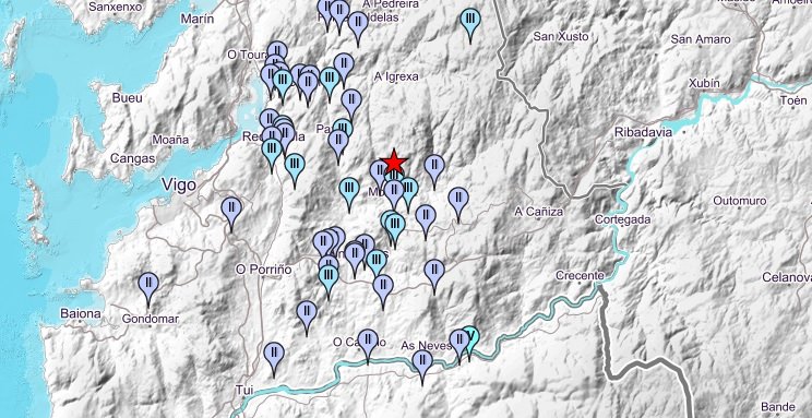 El epicentro del terremoto de Mondariz y los lugares donde se sintió.
