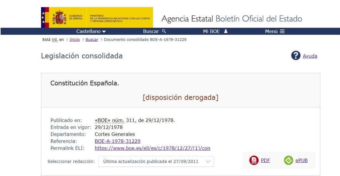 La Constitución Española, derogada por error en el BOE.