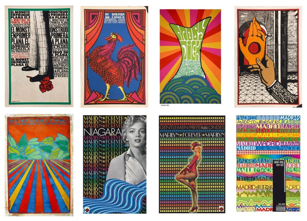 Mosaico con algúns carteis deseñados por Fernández Reboiro e reproducidos da web da Fundación Archivo AGR.