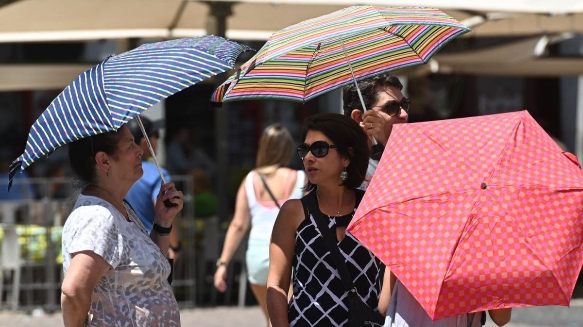 Un grupo de personas protegiéndose del calor extremo con paraguas.