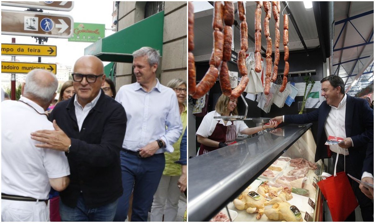 A la izquierda, Baltar y Rueda en su paseo por la ciudad; a la derecha, Formoso entrega propaganda en el mercado.