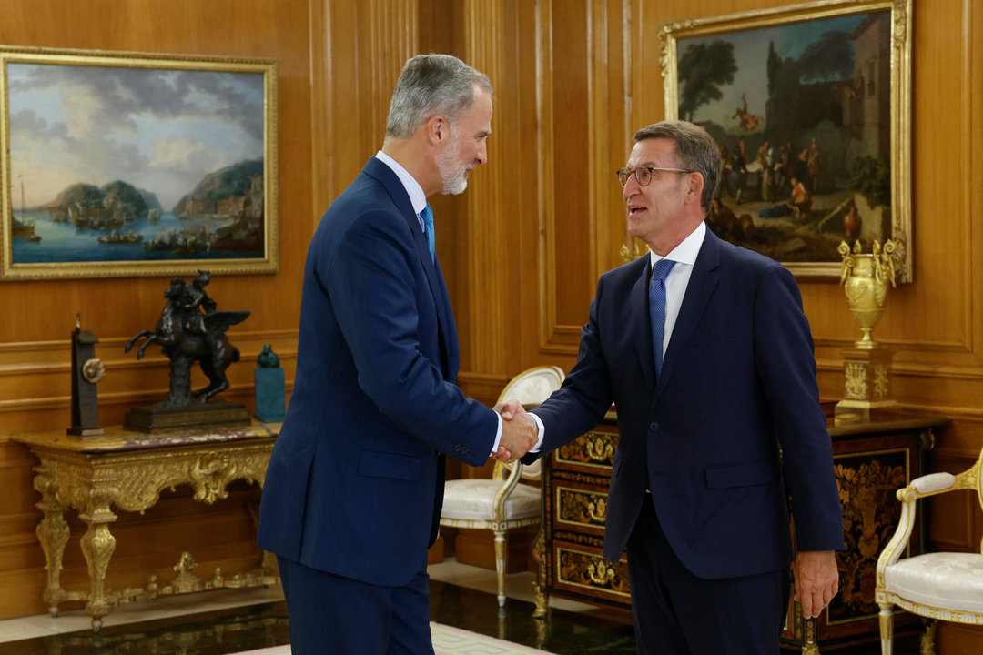 El rey Felipe VI recibe al líder del PP, Alberto Núñez Feijóo (d), en la última de sus siete entrevistas con dirigentes políticos. Foto: EFE.