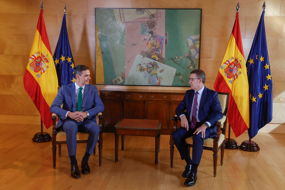 El presidente del gobierno en funciones, Pedro Sánchez (i), mantiene una reunión con el presidente del Partido Popular, Alberto Núñez Feijóo (d). Foto: EFE.