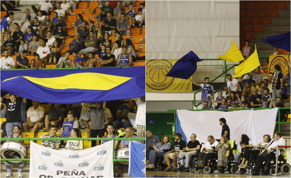 La peña Os Boinas, desplegando una bandera cobista en el primer partido de liga ante el Castelló y la peña Enchufad@s, en su zona del Pazo, en el encuentro inaugural de la temporada.