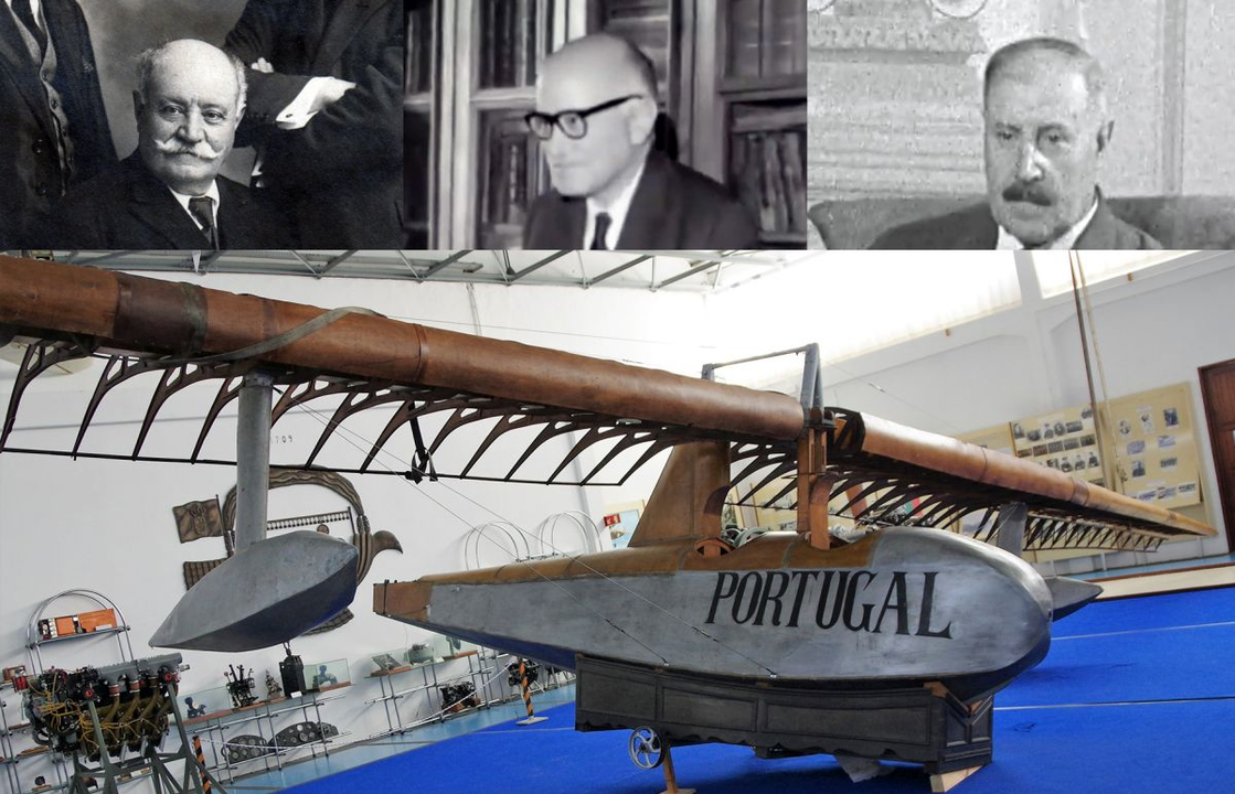 Lorenzo pai, o pianista Lourenço e Artur Varela Cid co hidroavión sen motor exposto no “Museo do ar” de Portugal.