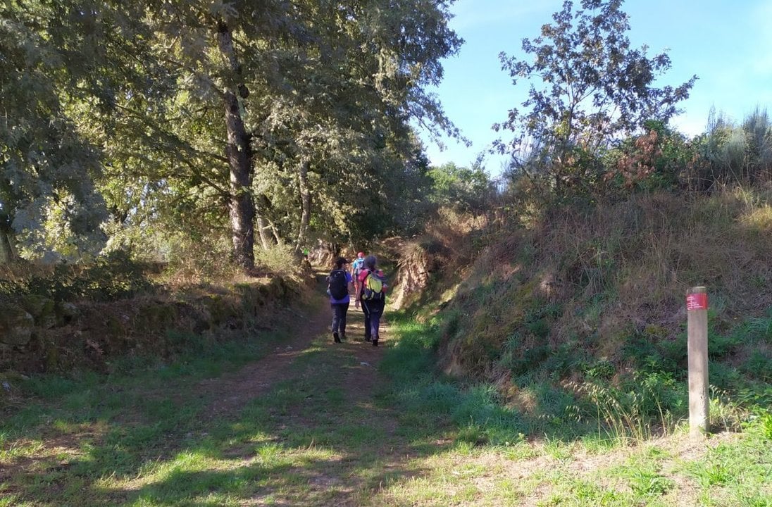 Caminantes en un tramo del Camino de San Rosendo, entre Terra de Celanova y Baixa Limia.