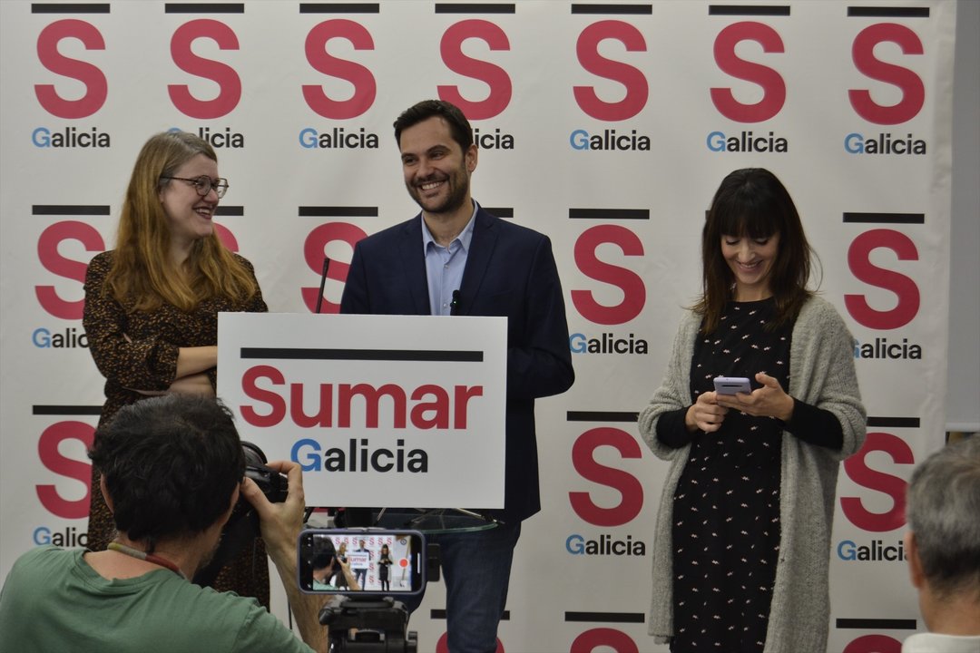 El portavoz de Sumar Galicia, Paulo Carlos López, en rueda de prensa. Foto: EP.