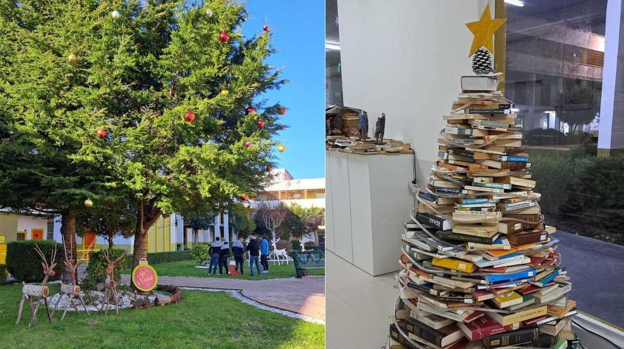 La decoración navideña de uno de los patios y el árbol con libros, en la escuela de la cárcel.