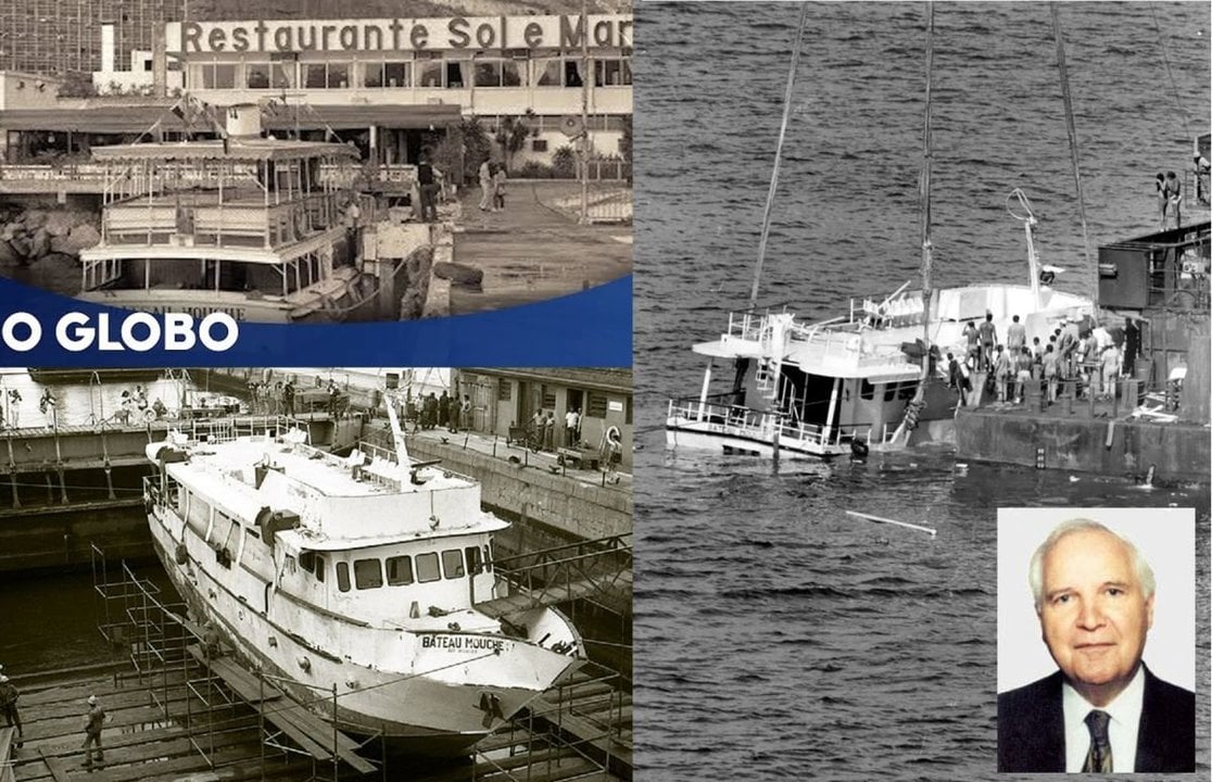Tres imaxes do “Bateau Mouche” antes e despois do naufraxio e unha imaxe de arquivo de Avelino Fernández Rivera.