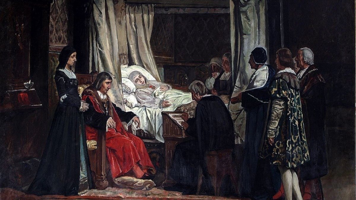 Isabel I de Castilla ditando testamento rodeada de cortesanos e dos médicos que a atenderon no seu leito de morte.