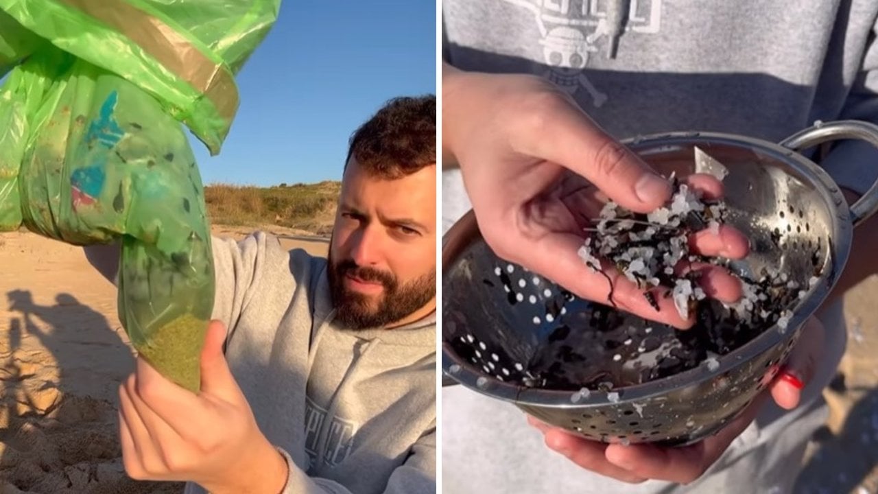 Xurxo Carreño, influencer ourensano, muestra los pellets de plástico recogidos en la playa de Vilar (@xurxocarreno).