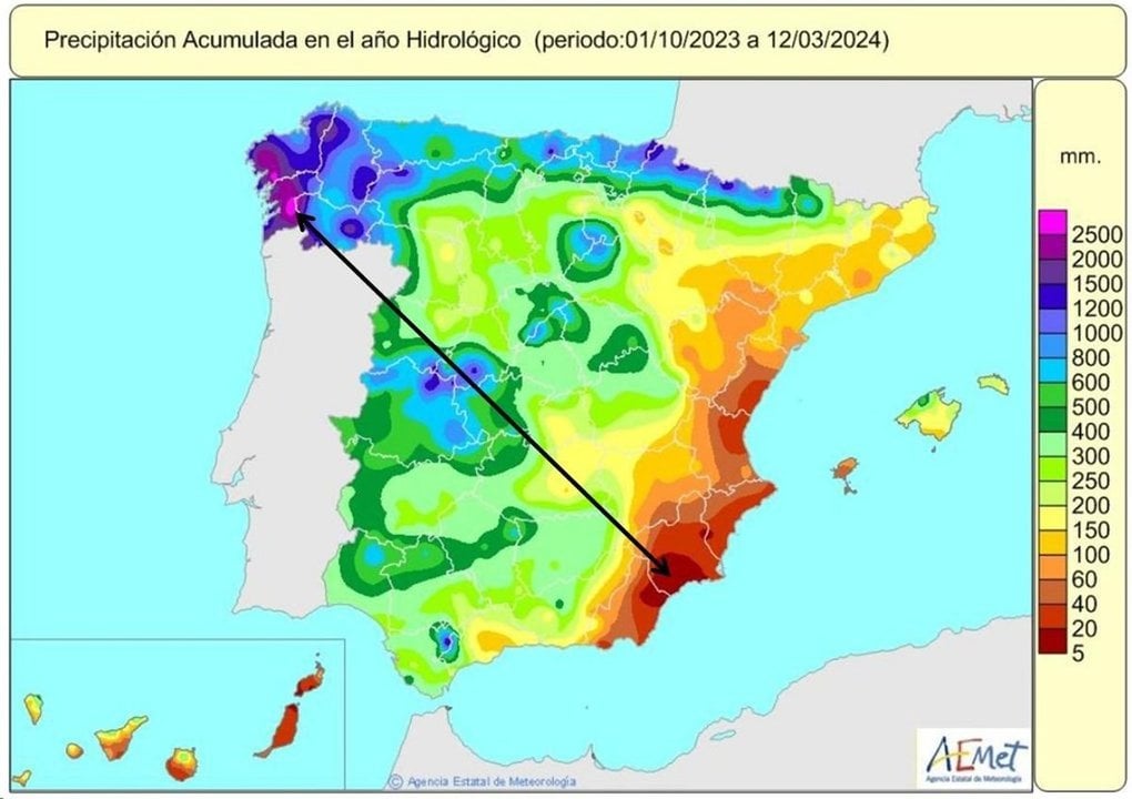 Precipitación acumulada desde el 1 de octubre de 2023 en España.