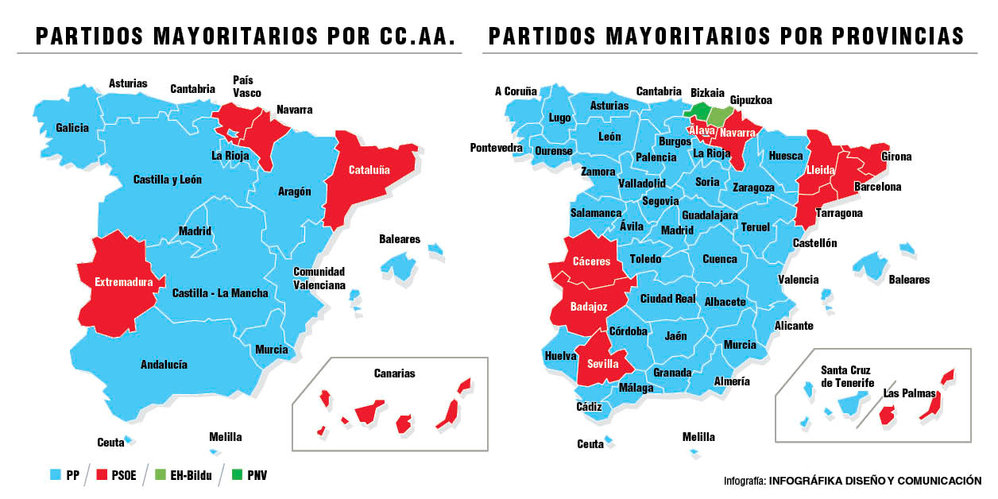 Mapa del resultado de las elecciones por comunidades.